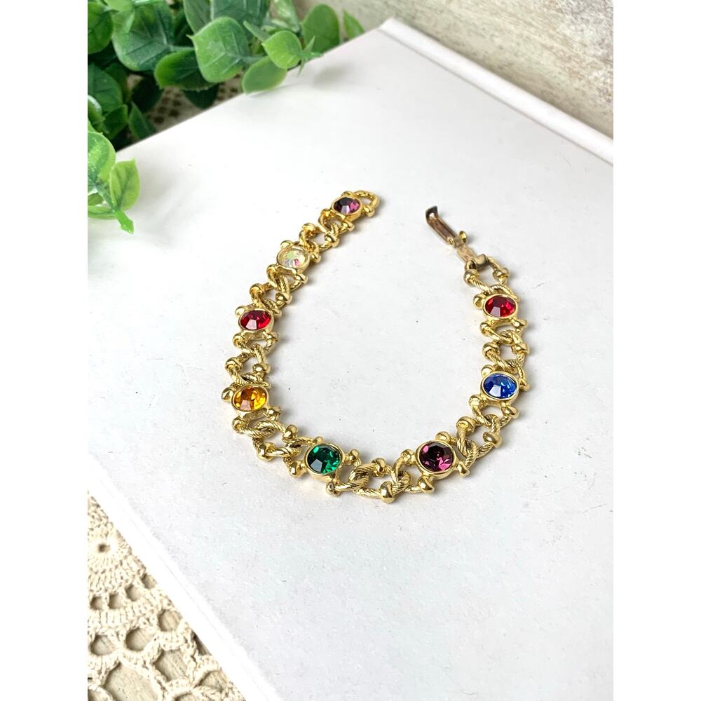 Vintage Goldtone Multi Color Rhinestone Bracelet Link Cocktail Statement Jewelry
